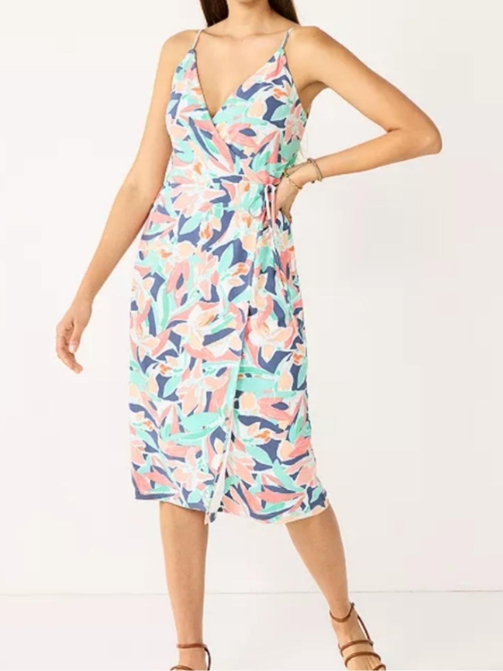 Nine West Women’s L Strappy Wrap Floral Midi Dress in Coral & Mint Vacay Summer